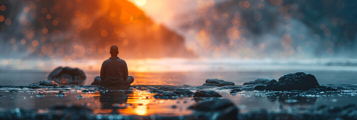 Person meditating on a wet rocky shore at sunset with mist and bokeh. Mindfulness and zen concept for design and wallpaper with copy space. - obrazy, fototapety, plakaty