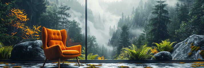 Modern orange armchair in a minimalist interior with a panoramic forest view. Interior design and relaxation concept for design and wallpaper.