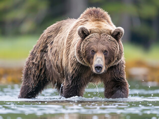 A grizzly bear walks through the water, gazing forward.