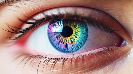 A close-up image of a human eye with vibrant, multicolored iris patterns and visible eyelashes. The skin tone surrounding the eye cannot be precisely determined due to tight framing - obrazy, fototapety, plakaty