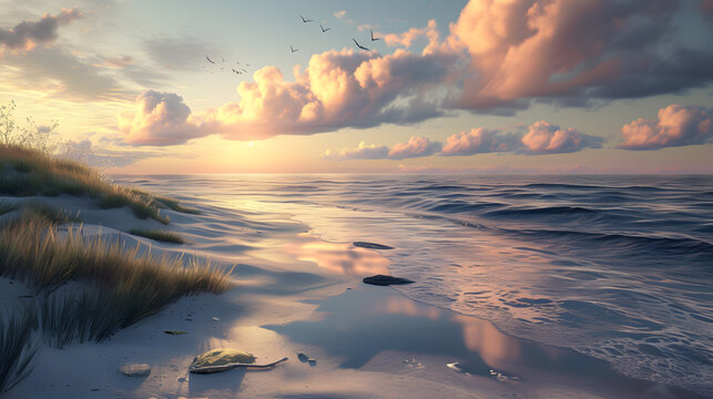 Serene Beach Sunset with Waves and Flying Birds Over Coastal Dunes