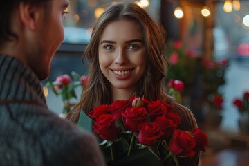 Couple Sharing Romantic Moment with Red Roses.