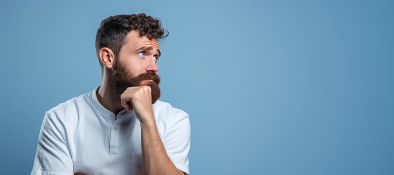 A bearded man looks lost in thought with his chin resting on his hand, against a blue background. An imaginary look that gets lost in the distance. Pastel blue background.