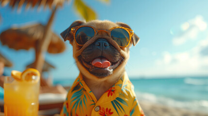 Portrait of a happy pug wearing trendy mirror sunglasses and Hawaiian shirt sitting on the tropical beach with glass of orange juice