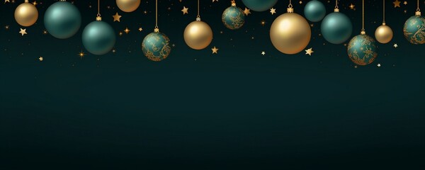 Green christmas background with baubles and stars. 