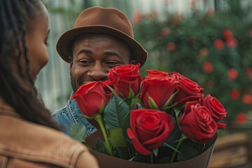 Couple Sharing Romantic Moment with Roses.