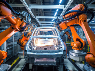 Fototapeta premium The welding arm is welding on the automobile production line.