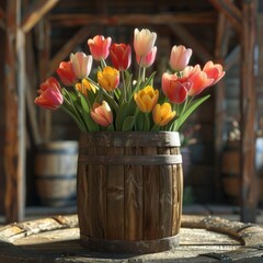 Rustic Elegance Embraces Spring as Colorful Tulips Overflow a Vintage Wooden Bucket