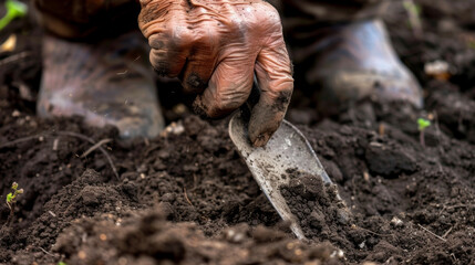 A pair of weathered hands carefully sift through freshly turned soil the rich dark earth falling in clumps between fingers. The tip of a spade rests against the ground ready