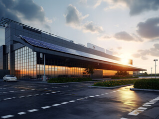 Modern factory building with roof mounted solar system.