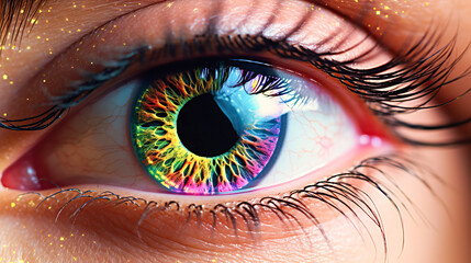 A close-up image of a human eye with vibrant, multicolored iris patterns and visible eyelashes. The skin tone surrounding the eye cannot be precisely determined due to tight framing - obrazy, fototapety, plakaty