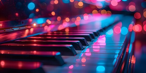 Neon lights reflect off piano keys creating vibrant music scene ambiance. Concept Music Scene, Neon...