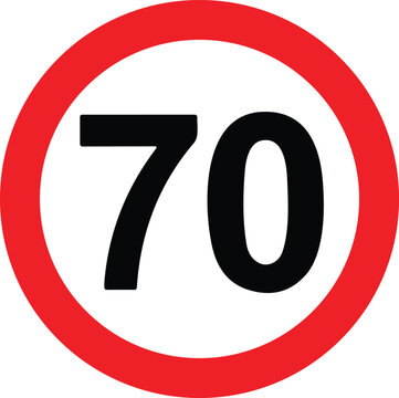 Road Speed Limit 70 seventy Sign. Generic speed limit sign with black number and red circle. Vector illustration