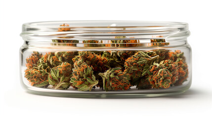 Jar with dried cannabis buds - obrazy, fototapety, plakaty