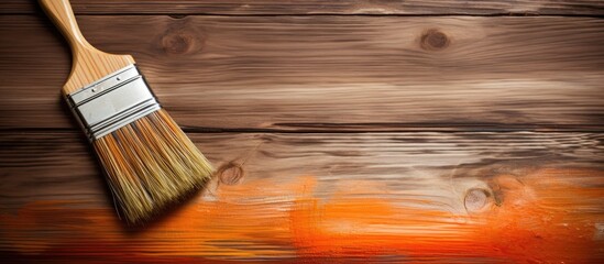 A paint brush with a wooden handle and natural bristles is resting on a wooden surface, surrounded by stained and painted wooden planks. The scene captures the process of painting and arranging the