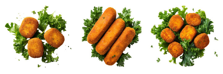 Set of sweet potato and kale croquettes on a transparent background.
