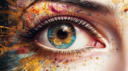 Vibrant digital artwork of a human eye with intricate steampunk elements and lively splashes of color, merging realism with fantasy