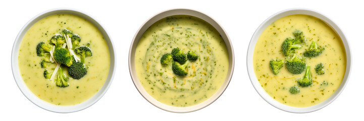 Set of broccoli cheddar soup on a transparent background.