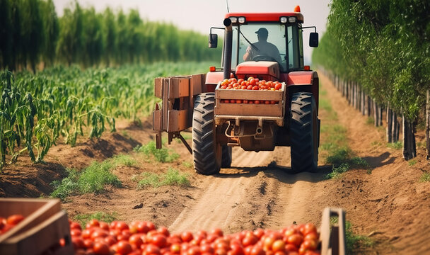 Loaded tractor with crates brimming with ripe red tomatoes ready for transportation to the market.