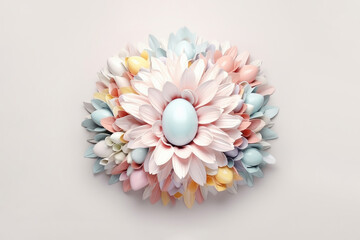 Decorative egg in flower. Abstract easter composition. Pastel colors. Top view