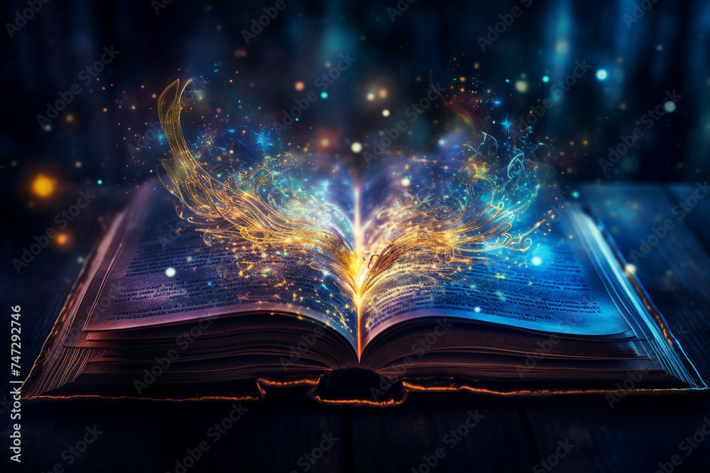 Poster generative ai collage of bewitched magic book open page with bright glitter bokeh