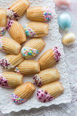 A platter of vanilla Madeleines decorated for Easter.