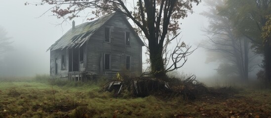 An old house stands amidst a dense fog in the middle of a forest in Upstate NY, slowly being overtaken by nature. The mist obscures the surroundings, creating an eerie atmosphere around the decaying - obrazy, fototapety, plakaty