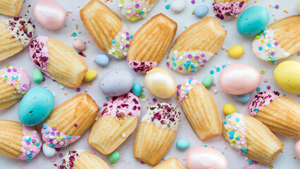 An assortment of vanilla Madeleines decorated for Easter.