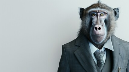 a baboon wearing a suit with a tie on a plain white background on the left side of the image and the right side blank for text