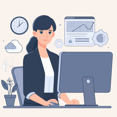 Flat design illustration of a business woman working at a computer