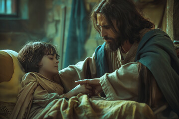 Jesus healing sick boy. Miracles of Jesus concept. Jesus Healing the sick. Christ Healing the wounded. Bible concept. Miracles and grace. The lord touching the sick with his healing hand.  - obrazy, fototapety, plakaty