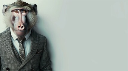 a baboon wearing a suit with a tie on a plain white background on the left side of the image and the right side blank for text