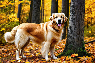 Golden retriever labrador dog is sitting in the autumn forest playing with fallen leaves.