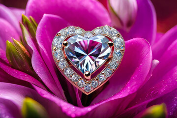 A heart-shaped ring with a large diamond in a gift box on the background of a bouquet of flowers. Jewelry is a symbol of Valentine's day, birthday, wedding.