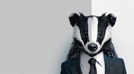 a badger wearing a suit with a tie on a plain white background on the left side of the image and the right side blank for text