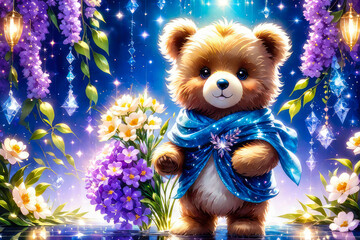 A teddy bear holds in his hands flowers as a gift for Valentine's Day, mother's Day, wedding, birthday.
