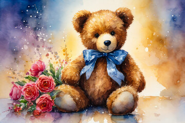 A teddy bear holds in his hands flowers as a gift for Valentine's Day, mother's Day, wedding, birthday.