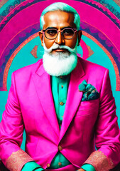 An older Indian man with a beard and glasses in a bright pink suit