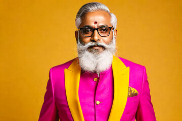 An older Indian man with a beard and glasses in a bright pink suit