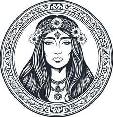 Hippie woman, vector illustration - 747294117