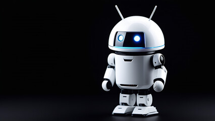 Obraz na płótnie Canvas Cute android robot with free space for text on black background. Global robotic bionic science research for future of human life