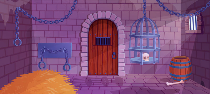 Medieval prison. Cartoon donjon cell interior, fort dungeon jail chain human torture torch, ancient castle old cellar dark room wall gate door, game ingenious vector illustration
