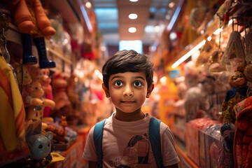 Young child standing in a toy store in front of shelves with toys generative AI