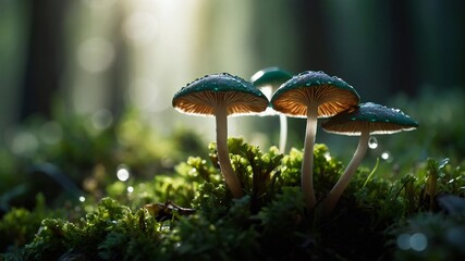 Magical View of  Mushrooms in forest with dew