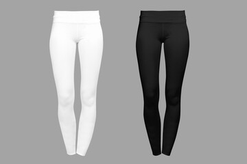 Blank black and white leggings mockup isolated. Clear leggings template. Cloth pants design presentation. Sport pantaloons stretch tights model wearing. long legs women's sport yoga wear.3d rendering.
