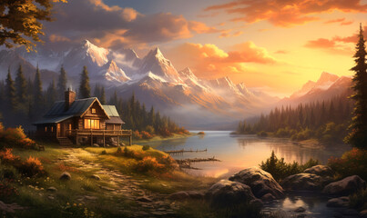 Alpine A secluded house near a tranquil lake, surrounded by lush mountains, in the golden light of sunset - obrazy, fototapety, plakaty