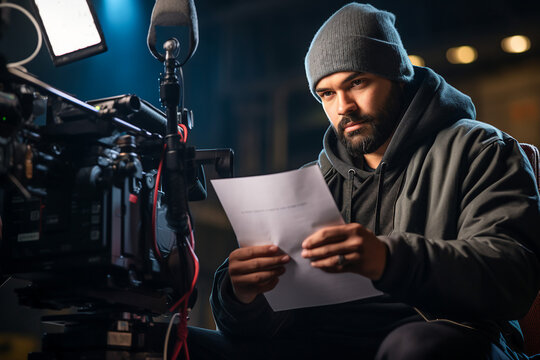 Digital generative ai image collage of guy actor reading screenplay before shooting film