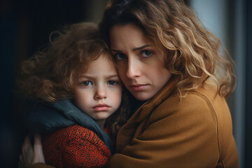 Generative ai picture of mother with son wrapped in warm blanket sitting outdoors