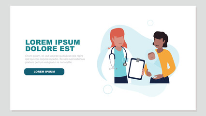 Vektor-Illustration einer Ärztin mit einer jungen Mutter und ihrem Neugeborenen