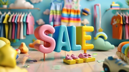 3d render for advertising a children's clothing store with sale text 